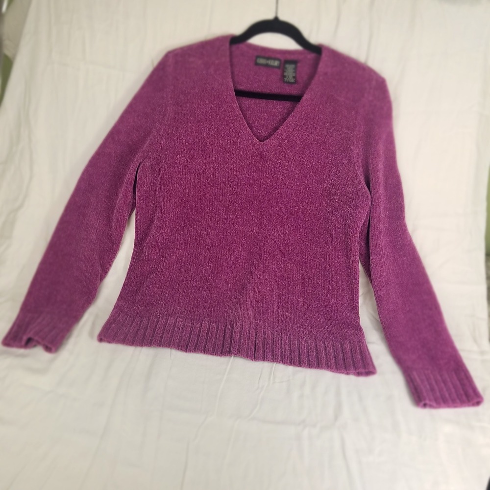 Kerri n Kelsey Womens Magenta Purple‎ Chenille V-Neck Sweater Large Long Sleeve